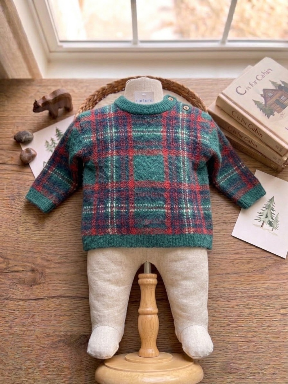 H&M Green and Red Plaid Knit Baby Sweater